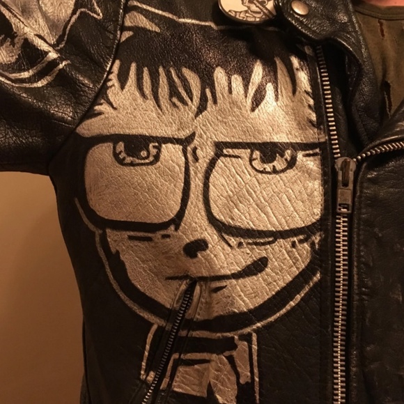 Hand-painted Johnny The Homicidal Maniac (JTHM) Black Leather Biker Jacket - Picture 2 of 8